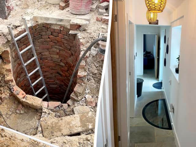 Before and after - Victoria Ellington, 36, and her husband Andrew, 40, found an old well under their new home. Right: The well is now a decorative feature, with decorative lights and a toughened glass floor.