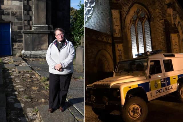 Reverend Jeanette Roberts at St Peter's church, Sowerby and picture submitted by Todmorden Unitarian Church of police outside the building