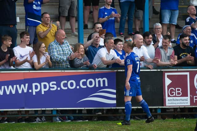 Matty Kosylo thanks fans at the last home game of the season, FC Halifax Town v Wrexham, at the Shay, Halifax