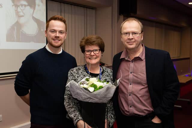 Final school assembly for Mrs Kerfoot-Roberts, retiring head teacher of Salterhebble Primary School. Pictured with som Adam and husband Sam Kerfoot-Roberts. Photo by Bruce Fitzgerald.