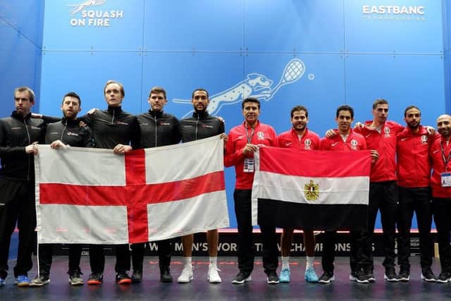 The competitors in the final of the men's World Team Squash Championship. Photo: Steve Line/SquashPics.com