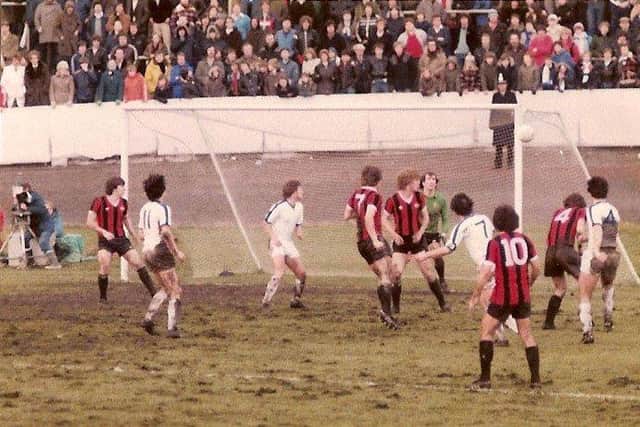 Dave Evans fires in a shot. Halifax 1-0 Man City, 1980. Photo: Keith Middleton