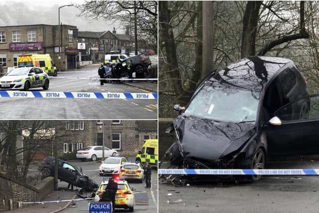 The getaway vehicle which crashed in Oldham Road, Ripponden (Pictures Alex Ventress)