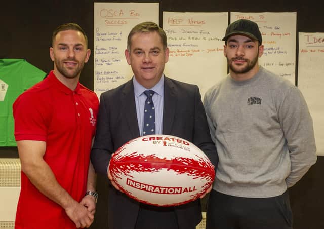 23 January 2020 .....   Minister for Sport, Media and Creative Industries, Nigel Adams chats with ambassadors and England rugby league internationals Luke Gale and Jake Connor during a visit to OSCA Foundation Ltd in Halifax following £55,000 funding from Rugby League World Cup 2021’s CreatedBy grants programme.  Picture Tony Johnson