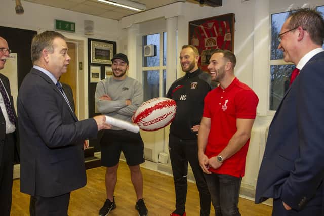 23 January 2020 .....   Minister for Sport, Media and Creative Industries, Nigel Adams chats with ambassadors and England rugby league internationals Luke Gale and Jake Connor with RLWC2021 chief executive Jon Dutton, right and Ovenden second rower Nick Cassell,  centre, .during a visit to OSCA Foundation Ltd in Halifax following £55,000 funding from Rugby League World Cup 2021’s CreatedBy grants programme.  Picture Tony Johnson