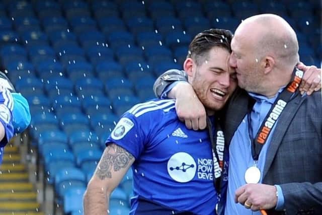 Jordan Sinnott and Billy Heath embrace after Halifax's 2-1 win over Chorley in the 2017 play-off final at The Shay