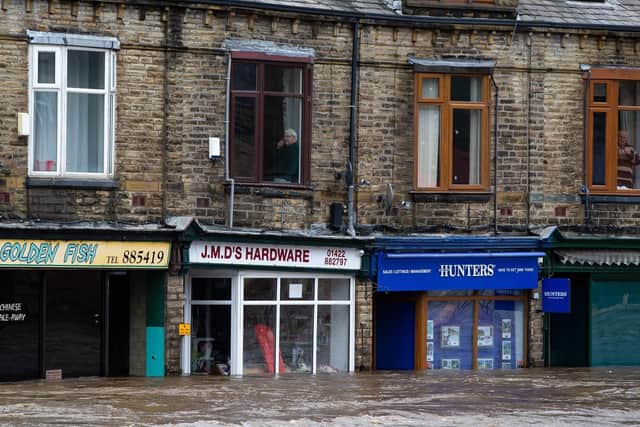 A row of businesses in Mytholmroyd after Storm Ciara hit the borough