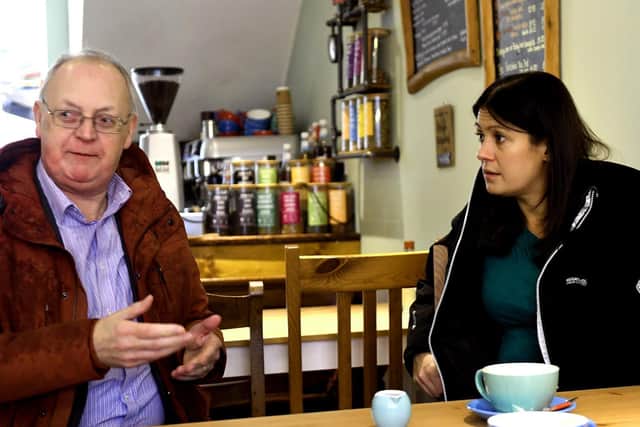 Tim Swift Leader of Calderdale Council with Lisa Nandy in the Willow Tree cafe in Sowerby Bridge