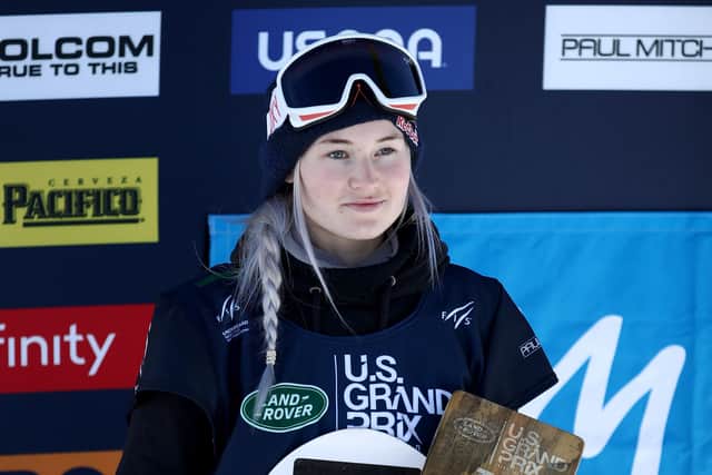 MAMMOTH, CALIFORNIA - FEBRUARY 01: Katie Ormerod of Great Britain stands on the podium after coming in third place in the Women's Snowboard Slopestyle Finals at the 2020 U.S. Grand Prix at Mammoth Mountain on February 01, 2020 in Mammoth, California. Ormerod came in third place. (Photo by Ezra Shaw/Getty Images)