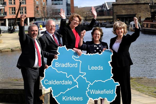 West Yorkshire Devolution deal Pictured from the left are Shabir Pandor (kirklees Council Leader), Tim Swift (Calderdale) Susan Hinchcliffe (Bradford) Judith Blake (Leeds) and Denise Jeffery (Wakefield)