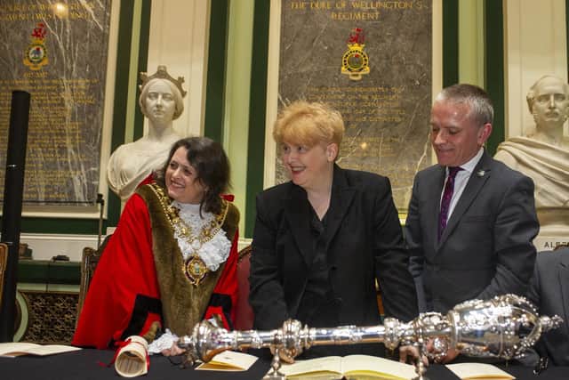 Screenwriter Sally Wainwright given the honour of a Freewoman of the Borough of Calderdale by Councillor Dot Fioster, the Mayor of Halifax and Roibin Tuddenham, chief executive, in recognition of her outstanding contribution to the area at a special ceremony at Halifax Town Hall. Picture: Tony Johnson.