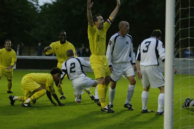 Steve Payne celebrates scoring FC Halifax Toiwn's first ever league goal at Trafford in 2008.