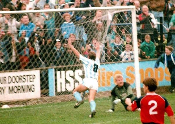 Steve Norris scores Town's third goal at York in October 1990. Photo: Keith Middleton