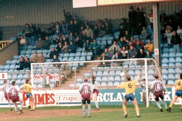 Steve Norris scores a volley at Scunthorpe in March 1991. Photo: Keith Middleton