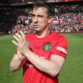 MANCHESTER, ENGLAND - MAY 26:   Gary Neville of Manchester United '99 Legends acknowledges the fans at the end of the 20 Years Treble Reunion match between Manchester United '99 Legends and FC Bayern Legends at Old Trafford on May 26, 2019 in Manchester, England. (Photo by John Peters/Manchester United via Getty Images)