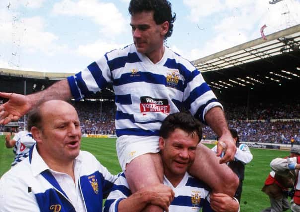 Jack Scroby (left) with Chris Anderson on Graeme Eadie's shoulders, at Wembley in 1987