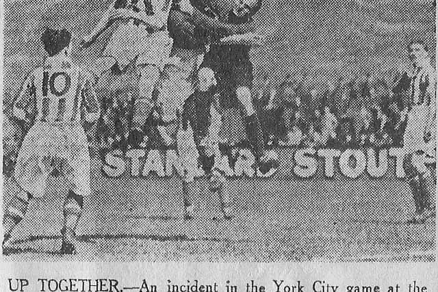 Things are back to normal. Town play at the Shay, but lose to York City, 19 April 1947. Here, Fisher beats the keeper to the ball. Photo: Johnny Meynell