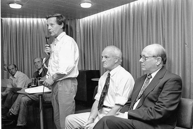 Chairman John Stockwell appeals for cash at a crisis meeting at Arden Road Social Club, 2 May 1995.