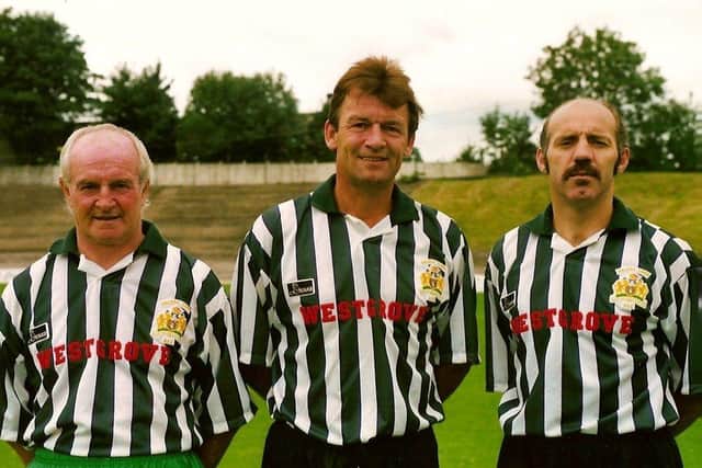 Dream Team. Manager John Bird flanked by youth team manager George Mulhall (left) and physio Mick ‘Baz’ Rathbone on the eve of the season. Photo: Johnny Meynell