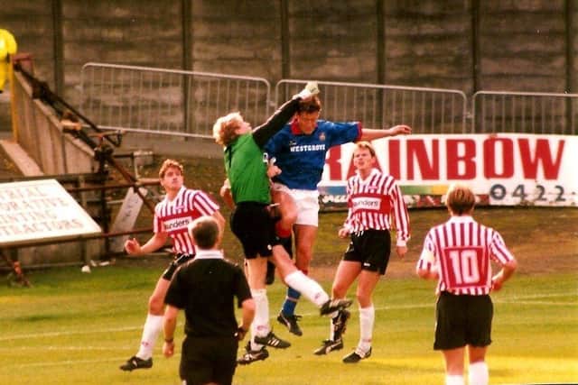 Dave Lancaster in thick of it as Town take on Altrincham at The Shay, 8 October 1994. Photo: Johnny Meynell