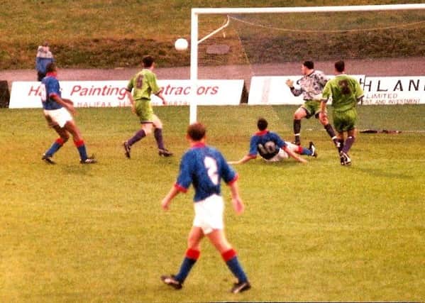 Gary Worthington goes close during Town’s FA Cup clash with Mansfield Town on 3 December 1994. The Stags would go through following a replay at Field Mill. Photo: Johnny Meynell