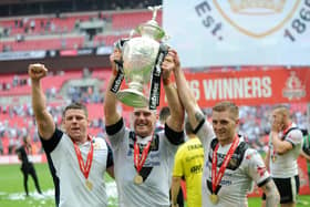 Ladbrokes Challenge Cup Final at Wembley Stadium.Hull FC v Warrington Wolves.Hull's Lee Radford, Gareth Ellis and Marc Sneyd celebrate.27th August 2016.Picture : Jonathan Gawthorpe