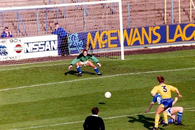 Billy Barr scores for Town at Carlisle. Photo: Johnny Meynell
