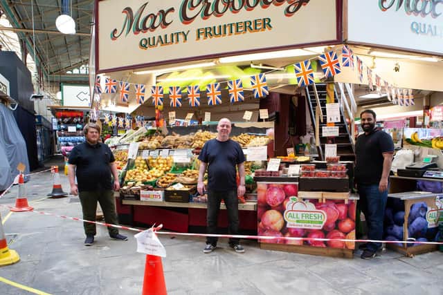 Scott Parsons, Matthew Fleming and Osman Ali, with new social isolating measures, at Max Crossley's, Halifax Borough Market