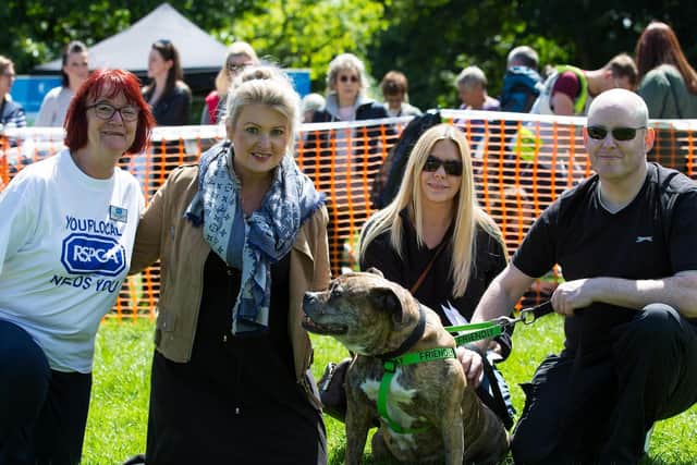 RSPCA K9 Party in the Park, Manor Heath, Halifax. Pictured are Kath Airey, Kate Hardcastle, Nicola Jones and Chris Grogan, with Rio the boxer-staffie cross