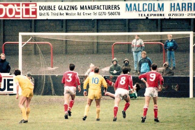 Brown scores a penalty for Town away to Crewe in October 1986. Photo: Johnny Meynell