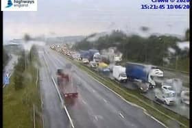 More than eight miles of traffic has been reported on the M62 this afternoon after heavy rain flooded the carriageway. Photo: Highways England