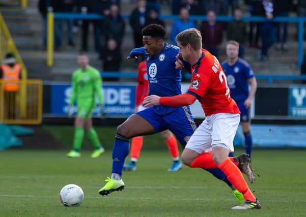 Actions from FC Halifax Town v Maidenhead, at The Shay. Pictured is Devante Rodney