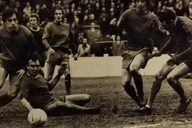 Trevor Womble (second right) in action against Halifax Town in the match at Millmoor, 9 January 1971. Photo: Johnny Meynell