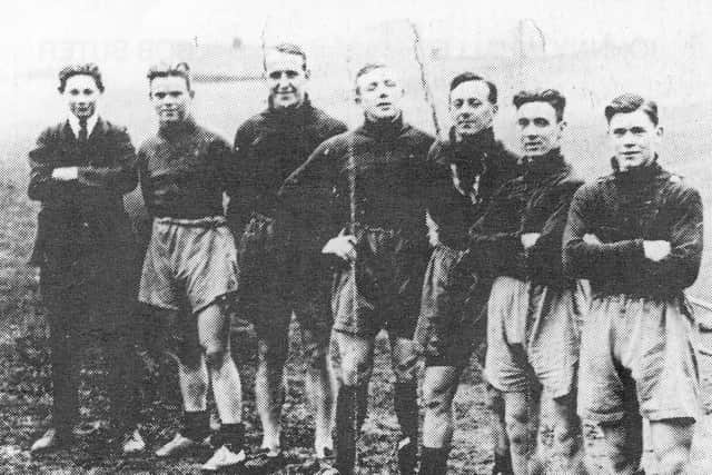 Ernie Coleman stands at the front of this group of Halifax Town players during training, behind him (in order), Herbert Housley, Jerry Best, Ben Wheelhouse, Jack Barber, unknown, Bob Suter jnr. Photo courtesy of Johnny Meynell