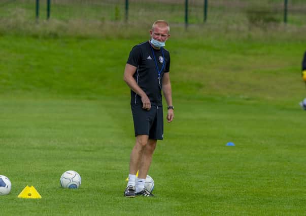 23 June 2020 .....   Halifax Town manager Pete Wild with his players back training for the National League play-offs. Picture Tony Johnson