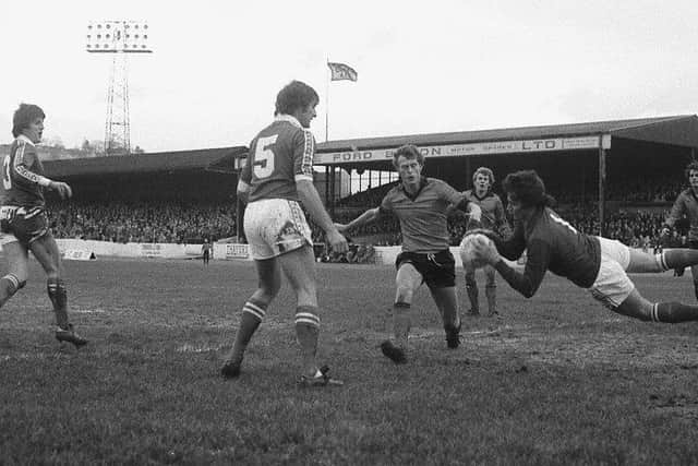 Gennoe in action away to Newport during the 1977-78 season. Photo: Johnny Meynell