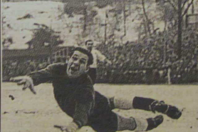 Spurs keeper Ted Ditchburn makes a flying save. Photo courtesy of Johnny Meynell