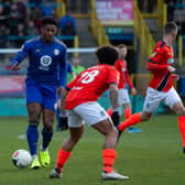 Actions from FC Halifax Town v Maidenhead, at The Shay. Pictured is Devante Rodney