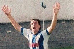 Holden celebrates scoring against Newport at The Shay in September 1987. Photo courtesy of Johnny Meynell