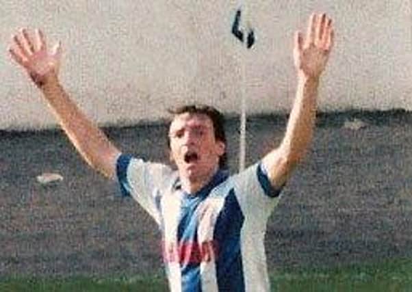 Holden celebrates scoring against Newport at The Shay in September 1987. Photo courtesy of Johnny Meynell