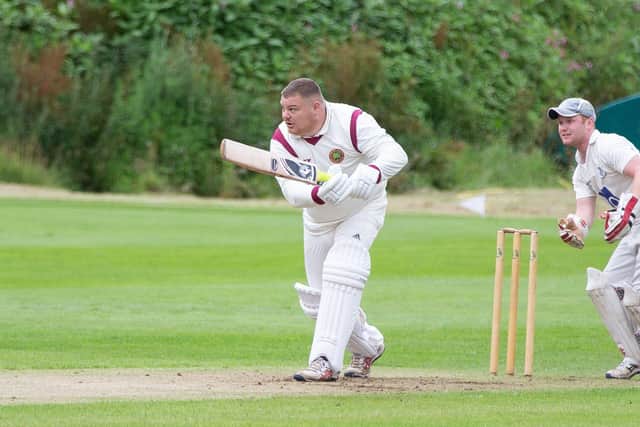 Chris Metcalf, in action Sowerby Bridge CC v Booth CC, cricket at SowerbyBridge Cricket Club
