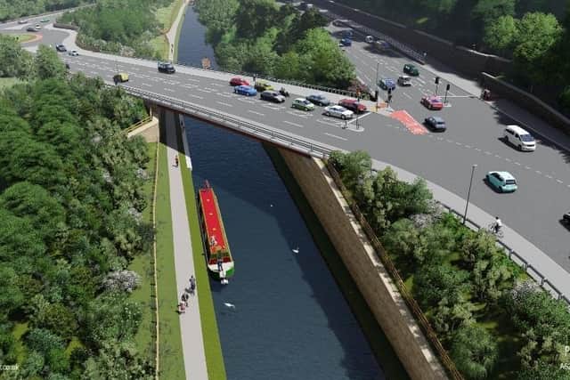 An artists impression of how the completed scheme, with the new bridge over the canal, might look. Image: Pell Frishmann