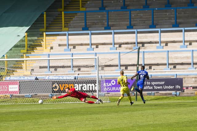Tobi Sho-Silva scores for Halifax in their 4-1 home win over Fylde early in the season.