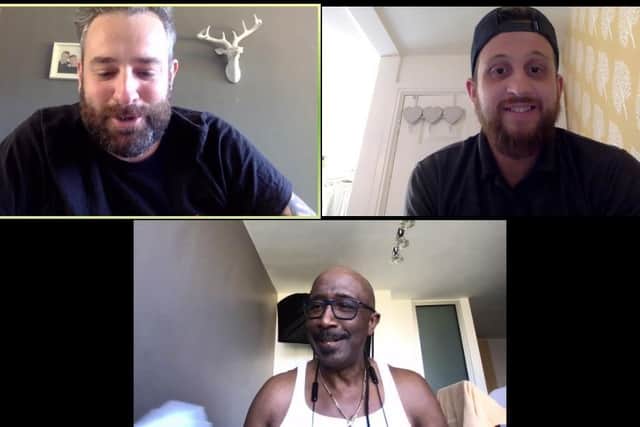 Mr Smith and co-founder Doug Dennison with Derrick Evans, also known as Mr Motivator, during a lockdown Zoom call