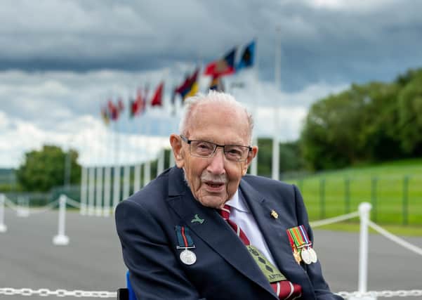 Date: 2nd August 2020.
Picture James Hardisty.
Captain Sir Tom Moore, visiting the Army Foundation College, Harrogate in North Yorkshire as part of his new role as Honorary Colonel of the Northern military training establishment.