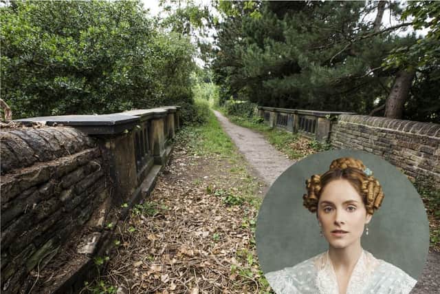 The bridge on Coach Road, Lightcliffe. (Inset: Ann Walker, played by Sophie Rundle. BBC/Lookout Point/HBO)
