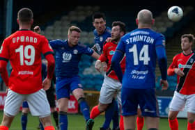Actions from FC Halifax Town v Maidenhead, at The Shay. Pictured is Nathan Clarke (left) and Matty Brown