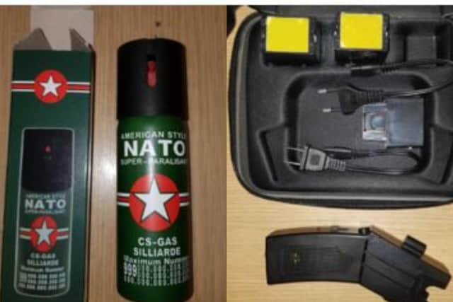 The seized items including a taser and CS Spray