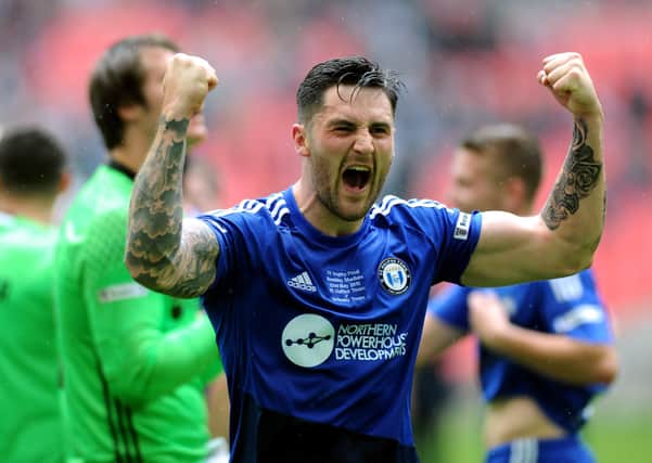 The FA Trophy Final.
FC Halifax v Grimsby Town.
Halifax's Matty Brown celebrates.
22nd May 2016.
Picture : Jonathan Gawthorpe