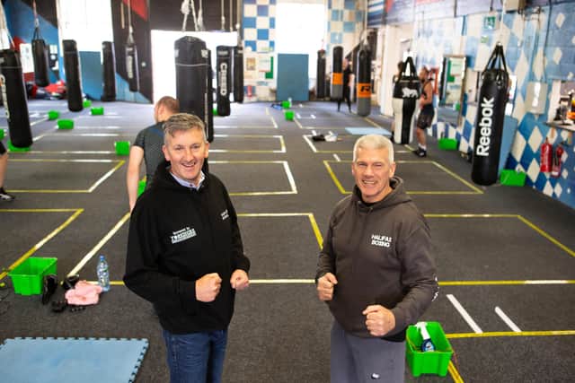 MIck Rowe, with sponsor Pete Emmett, from Yorkshire Timber, at Halifax Boxing Sports and Fitness Club